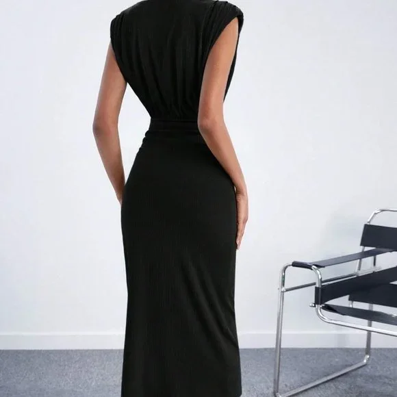 Black Preppy Womens Solid Shoulder Pad Ruched Waist Dress - Picture 3 of 5